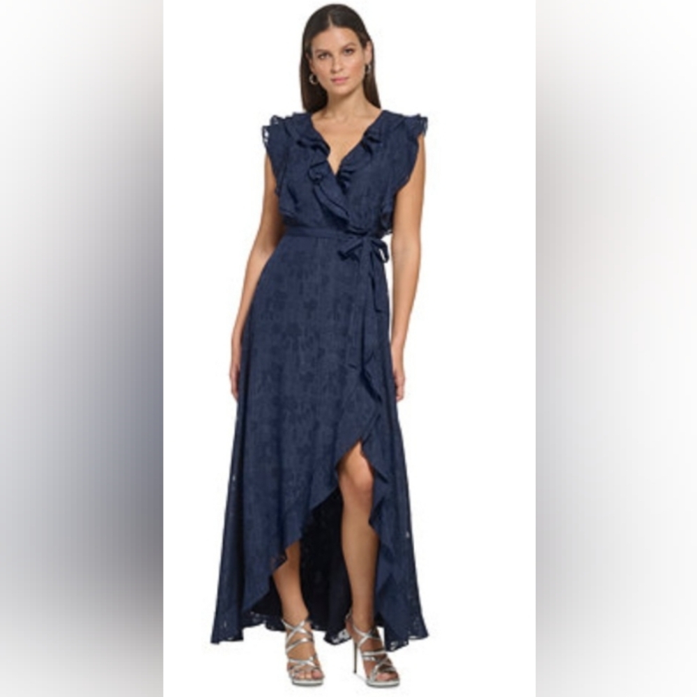 NWT DKNY Women's Flutter-Sleeve Ruffle-Front Tie-Waist Midnight Blue Gown SZ 12